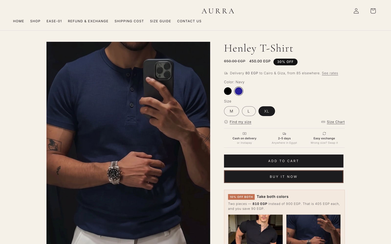 The AURRA Henley product page on a laptop screen
