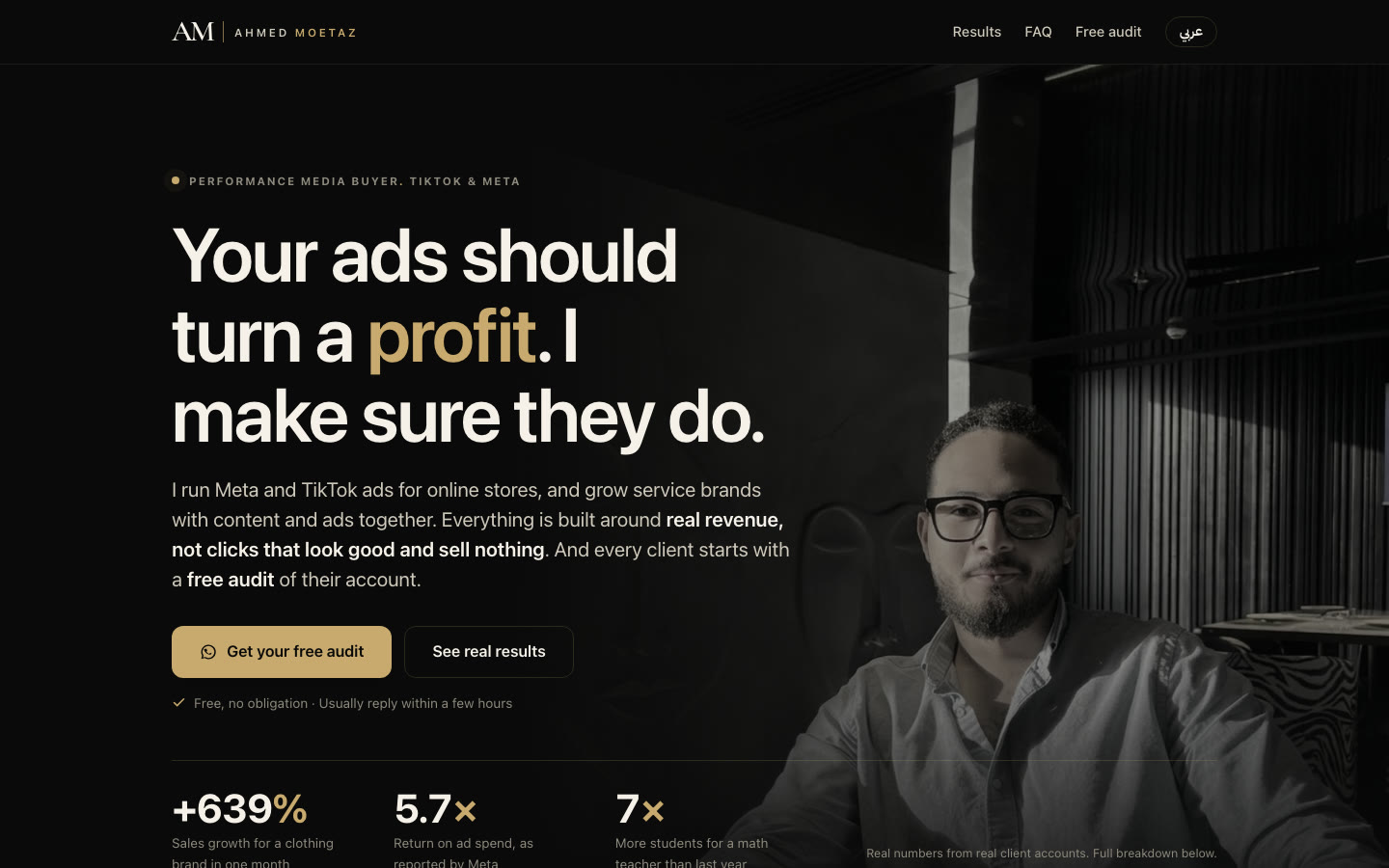 Ahmed Moetaz's portfolio on a laptop: “Your ads should turn a profit. I make sure they do.”
